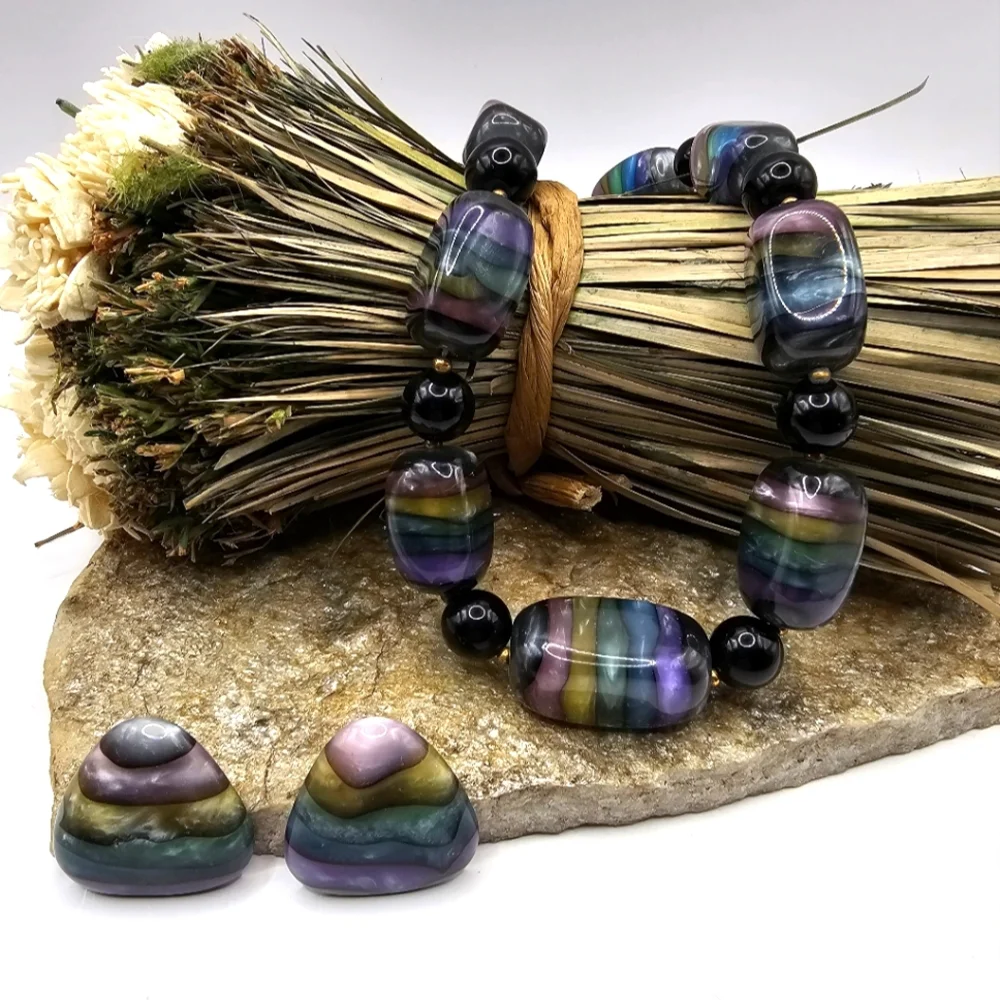 80's Resin Multicolor Bead Necklace & Earring Set Black Spacers Jewelry Set Vtg